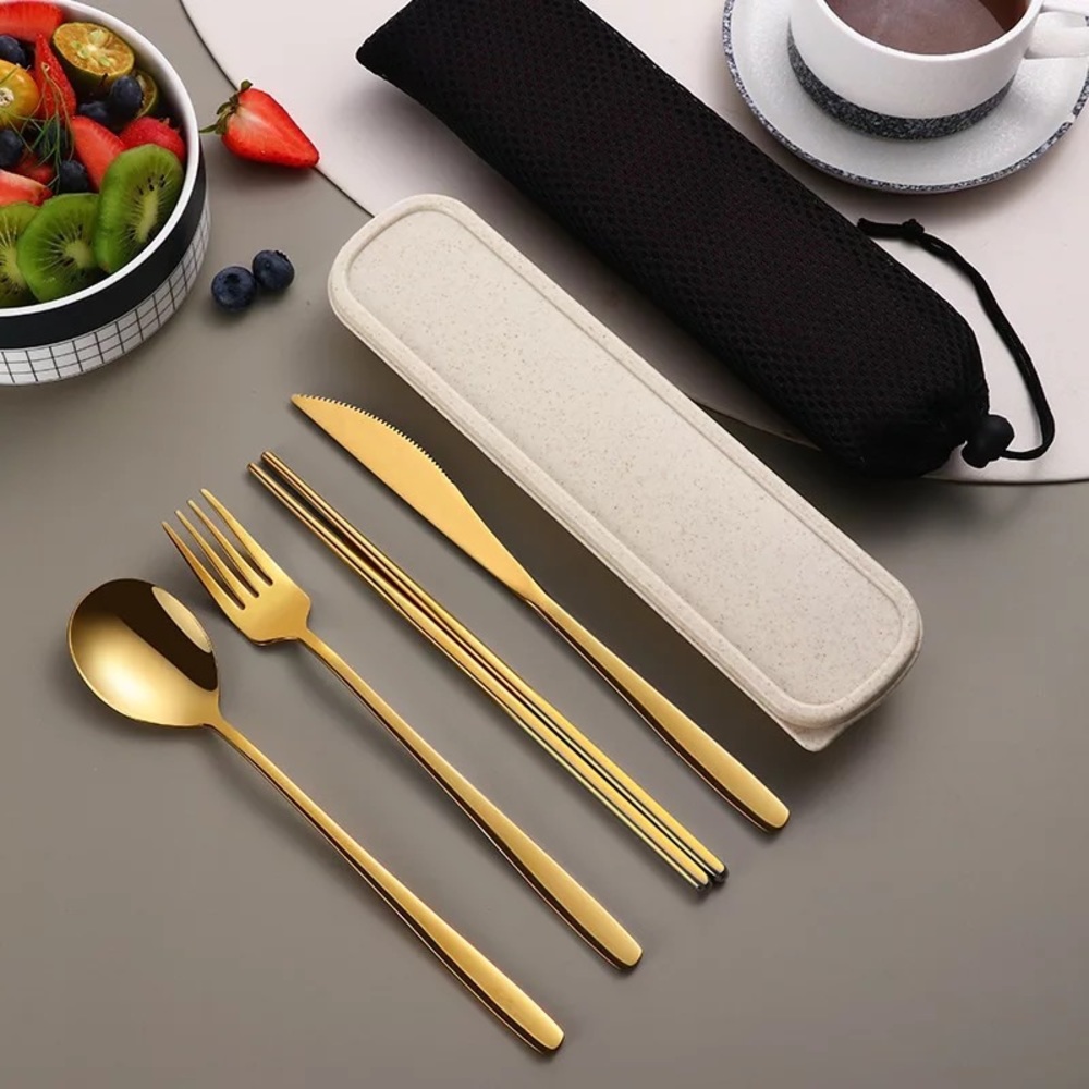 Lunchbox gold utensil set with box and mesh bag